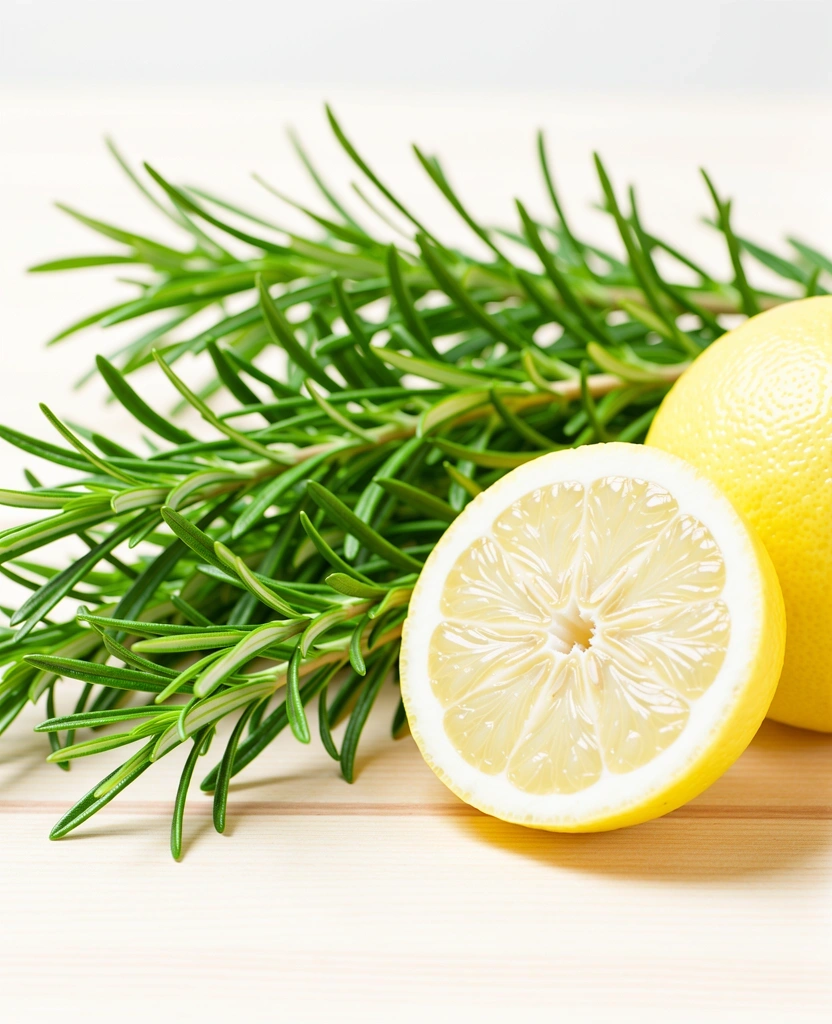 Frische Kräuter und Zitrone auf einer Arbeitsfläche